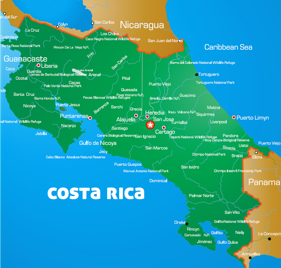 A simple carton-style map of Costa Rica and surrounding region